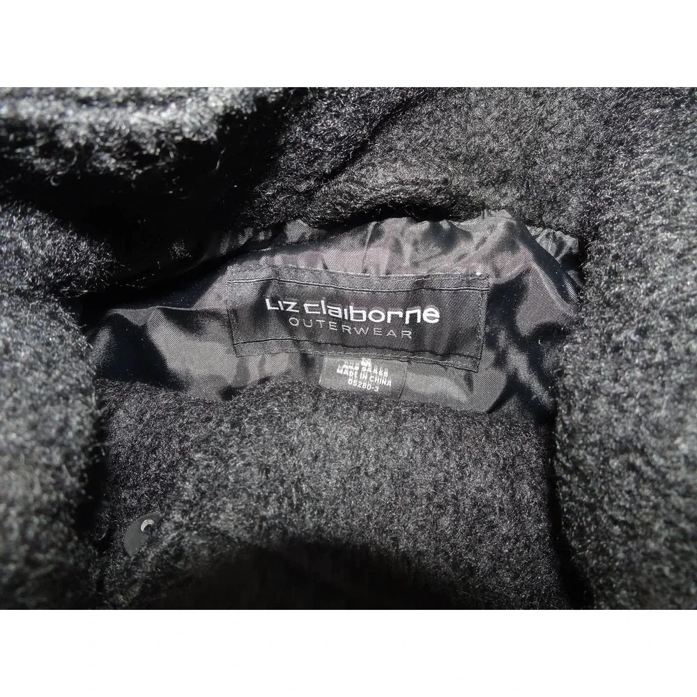 Liz Claiborne Sz M Women's Black Boucle Faux Fur Hooded Wool Blend Swing Coat - Picture 6 of 9